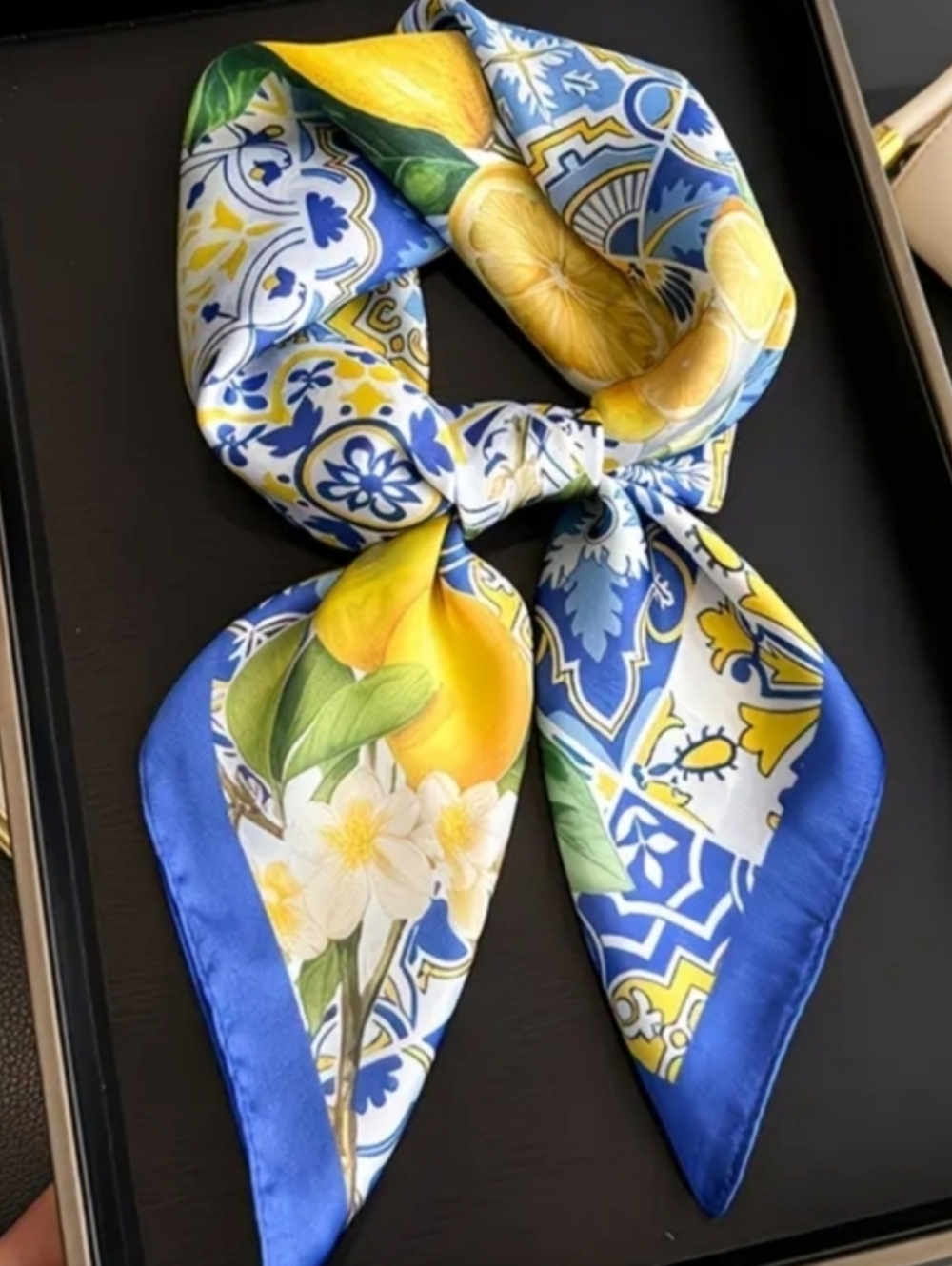Blue & Yellow Lemon Tile Silk Scarf - Picture 4 of 4